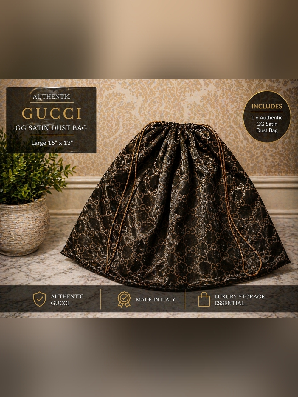 Authentic Gucci GG Satin Dust Bag Large Brown Monogram Drawstring Handbag Tote